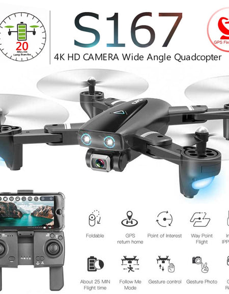 S167 Foldable Profissional Drone with Camera 4K HD Selfie 5G GPS  WiFi FPV Wide Angle RC Quadcopter Helicopter Toy E520S SG900-S