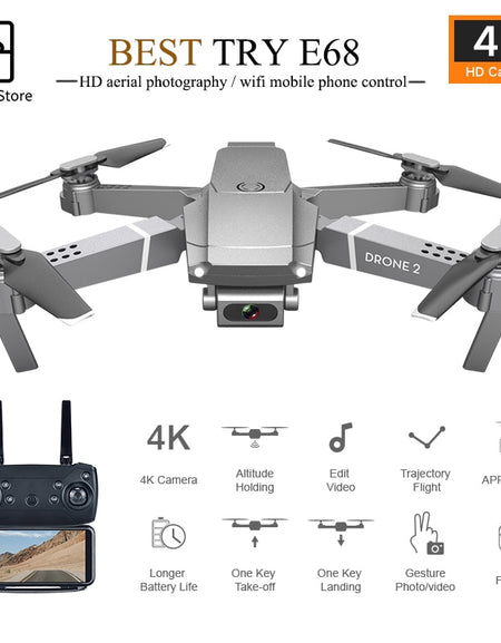 2020 New E68 Wifi Fpv Mini Drone With Wide Angle Hd 4k 1080p Camera Hight Hold Mode Rc Foldable Quadcopter Dron Gift